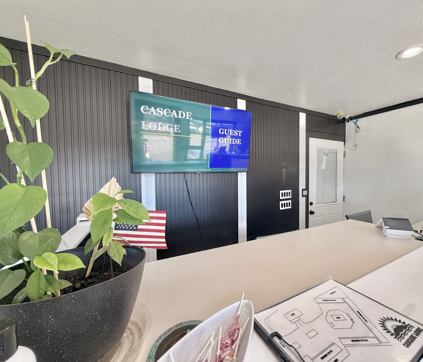 Front desk with a Cascade Lodge guest guide on the wall screen and a potted plant on the counter