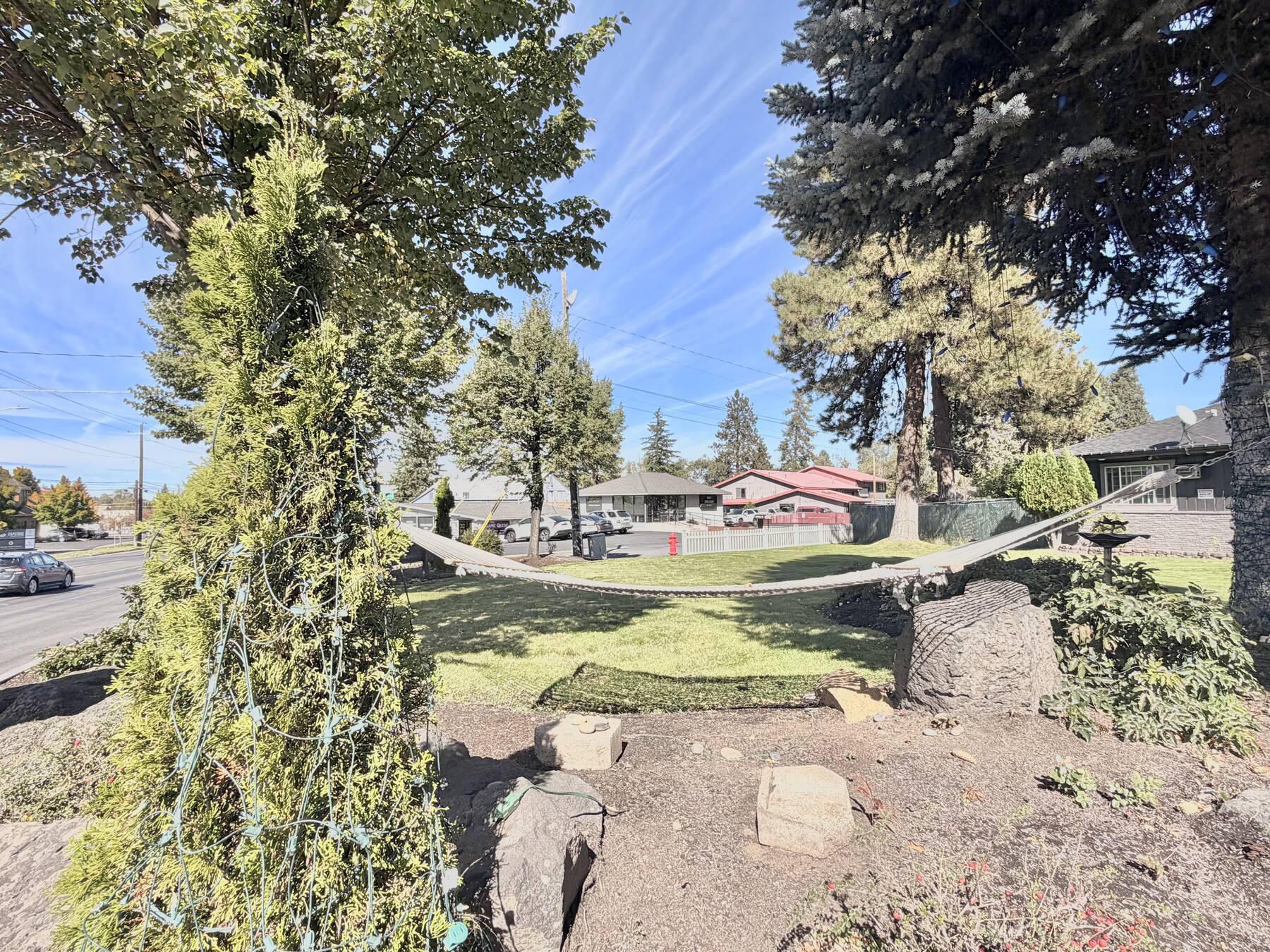 Landscaped garden with a hammock strung between trees, boulders, and evergreens